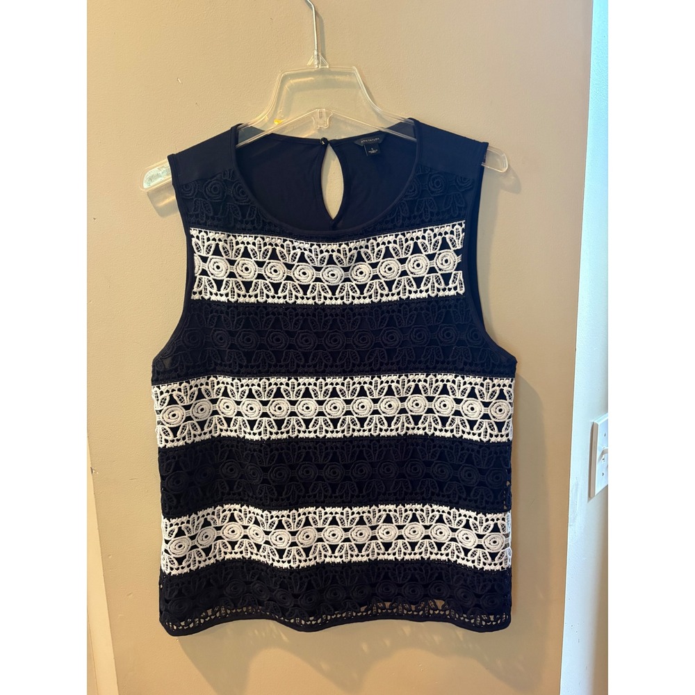 Ann Taylor Womens Navy Blue White Crochet Lace Striped Sleeveless Shell Top L